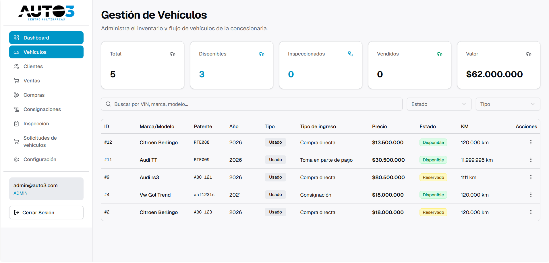 Interfaz de Sistema de Gestión de Vehículos
